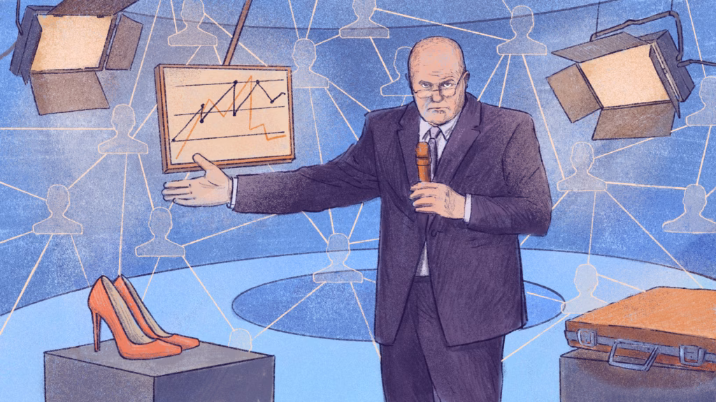 Ilustrație de Roma Gavrilă cu Marius Pieleanu în studioul unei televiziuni, prezentând rezultatele unui sondaj. Ilustrație realizată după o fotografie de George Călin.