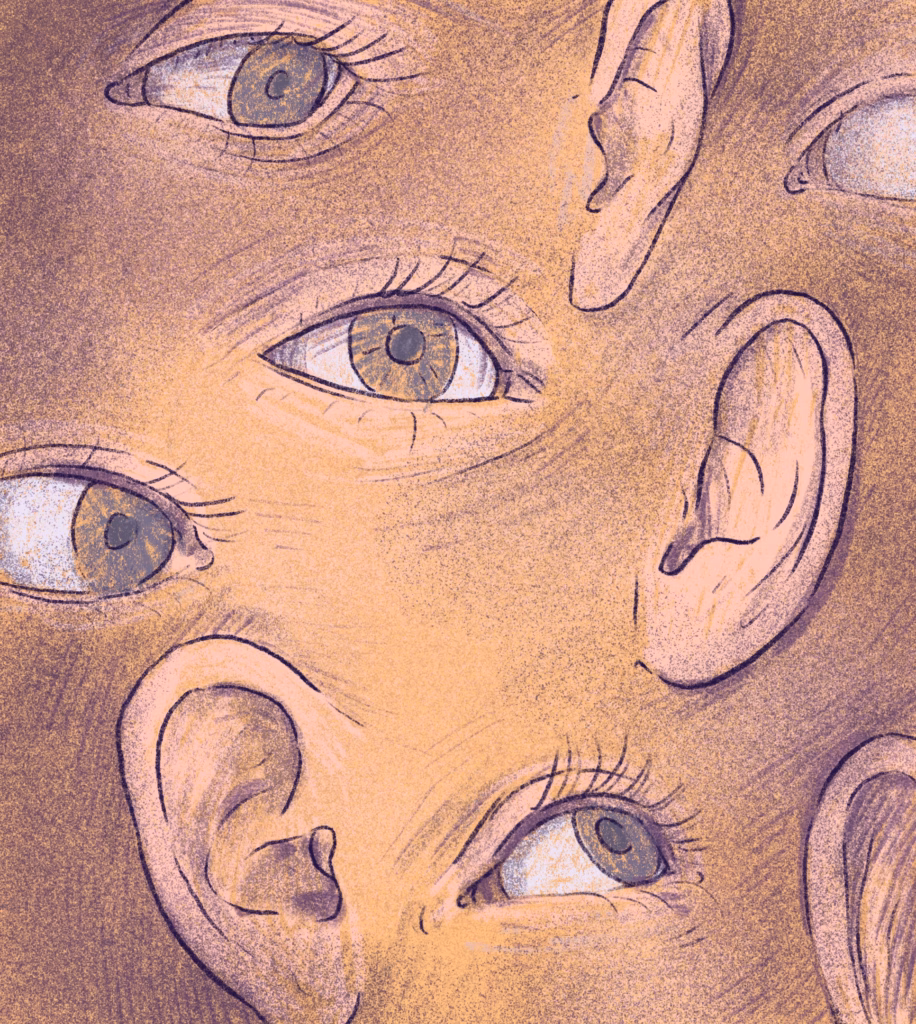 Ilustrație de Roma Gavrilă, cu ochi și urechi de om.Estetică onirică, suprarealistă.