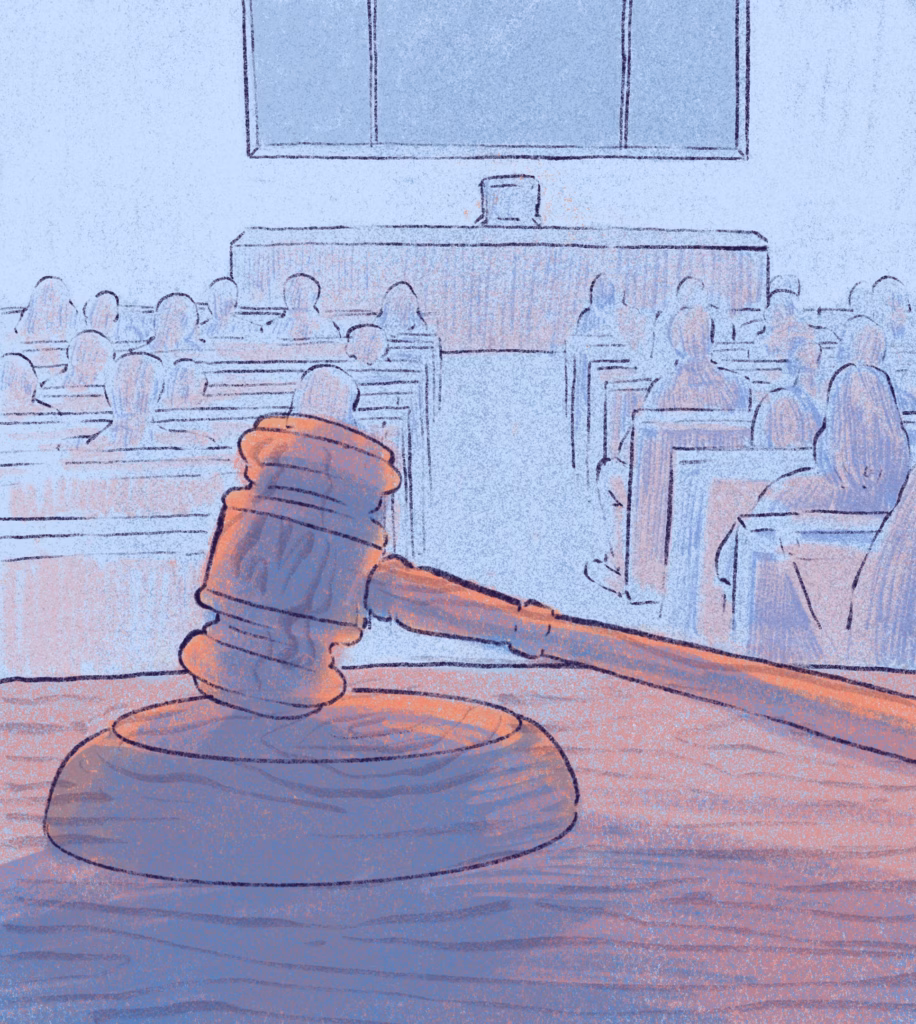 Ilustrație de Roma Gavrilă. În prim plan un gavel (ciocan de judecător). În fundal oameni așezați în bănci, într-o sală de judecată. 