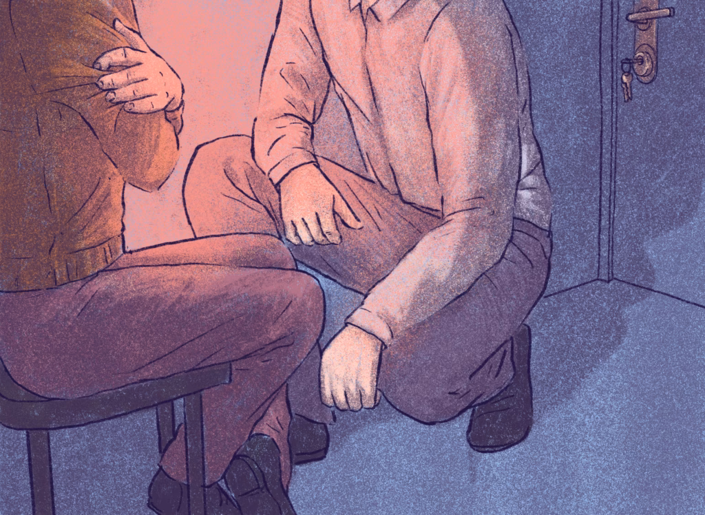 Ilustrație de Roma Gavrilă. Înfățișează o femeie și un bărbat. Femeia stă jos, cu brațele încrucișate. Bărbatul stă într-un genunchi în fața ei. 