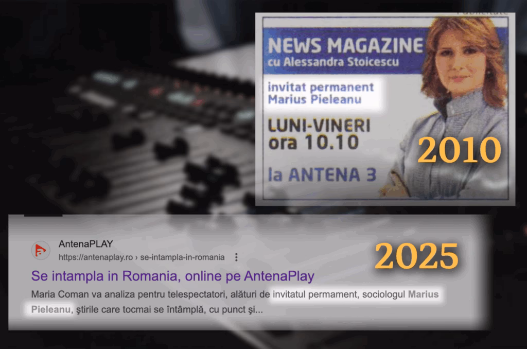 Sus, imagine de ziar, din 2010, cu Alessandra Stoicescu și titlul emisiunii „News Magazine” de la Antena 3, cu Pieleanu invitat permanent. Jos, captură de ecran din 2025 de pe site-ul AntenaPlay, care îl prezintă din nou ca invitat permanent.