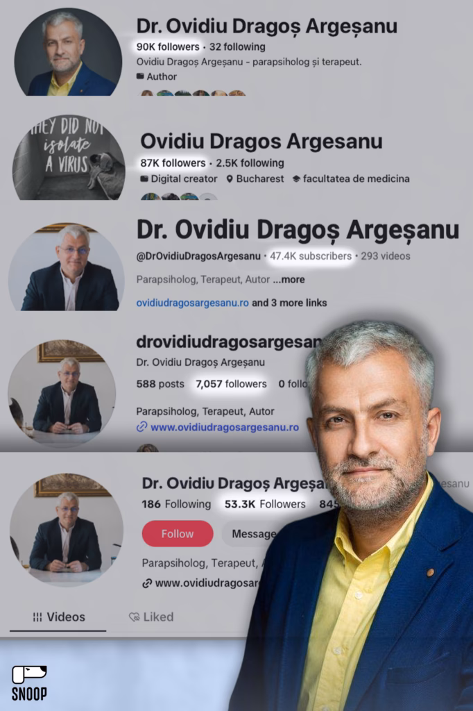 Colaj cu profilurile de social media ale lui Ovidiu Dragoș Argeșanu, care indică zeci de mii de urmăritori:  90.000 și 87.000 pe doua pagini de Facebook, 47.400 de abonați pe YouTube și peste 53.000 de urmăritori pe Instagram, peste care este suprapus portretul său.