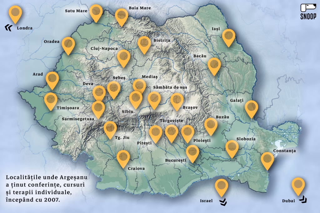 Harta României cu marcaje multiple care indică localitățile unde Argeșanu a ținut conferințe, cursuri și terapii individuale, incepand cu 2007.
Orașele marcate pe hartă sunt:

Satu Mare, Baia Mare, Oradea, Arad, Timișoara, Cluj-Napoca, Bistrița, Iași, Bacău, Galați, Constanța, Slobozia, Buzău, Ploiești, București, Târgoviște, Pitești, Craiova, Târgu Jiu, Sibiu, Sebeș, Mediaș, Deva, Brașov, Sâmbăta de Sus.

În afara țării: Londra, Israel, Dubai.