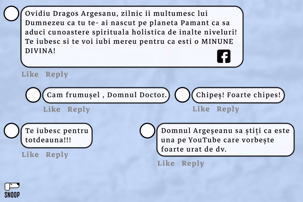 Colaj de comentarii de pe Facebook adresate lui Argesanu, laudative si admirative „multumesc ca te-ai nascut”, „te iubesc”, „minune divina”.