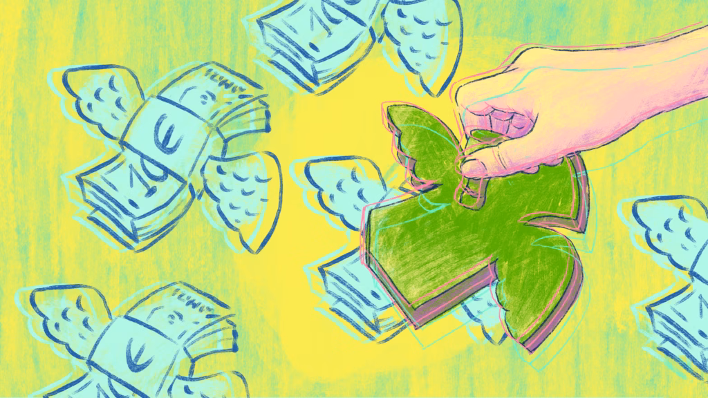 Ilustrație simbolică de Roma Gavrila, in culori psihedelice. O mână care aplică o ștampilă în formă de înger, pe un fundal cu bancnote cu aripi, sugerând un tipar repetitiv de validare spirituală asociat cu câștiguri financiare.