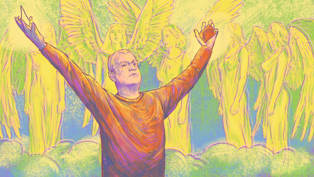 Ilustratie stilizata in culori intense: un barbat cu bratele ridicate, tine in mana o ansa si un raportor, inconjurat de siluete de ingeri cu aripi, sugerand o scena de exaltare spirituala.