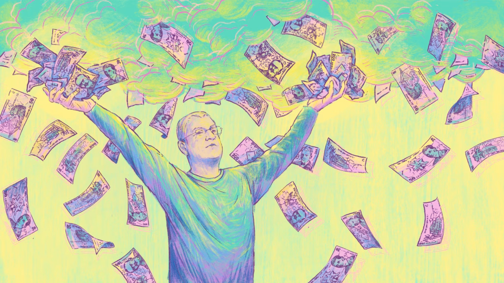 Ilustrație în culori psihedelice de Roma Gavrila. Îl înfățișează pe Dragoș Ovidiu Argeșanu cu brațele ridicate, ținând teancuri de bancnote, în timp ce ploua cu altele. Imagine simbolică despre câștiguri financiare.