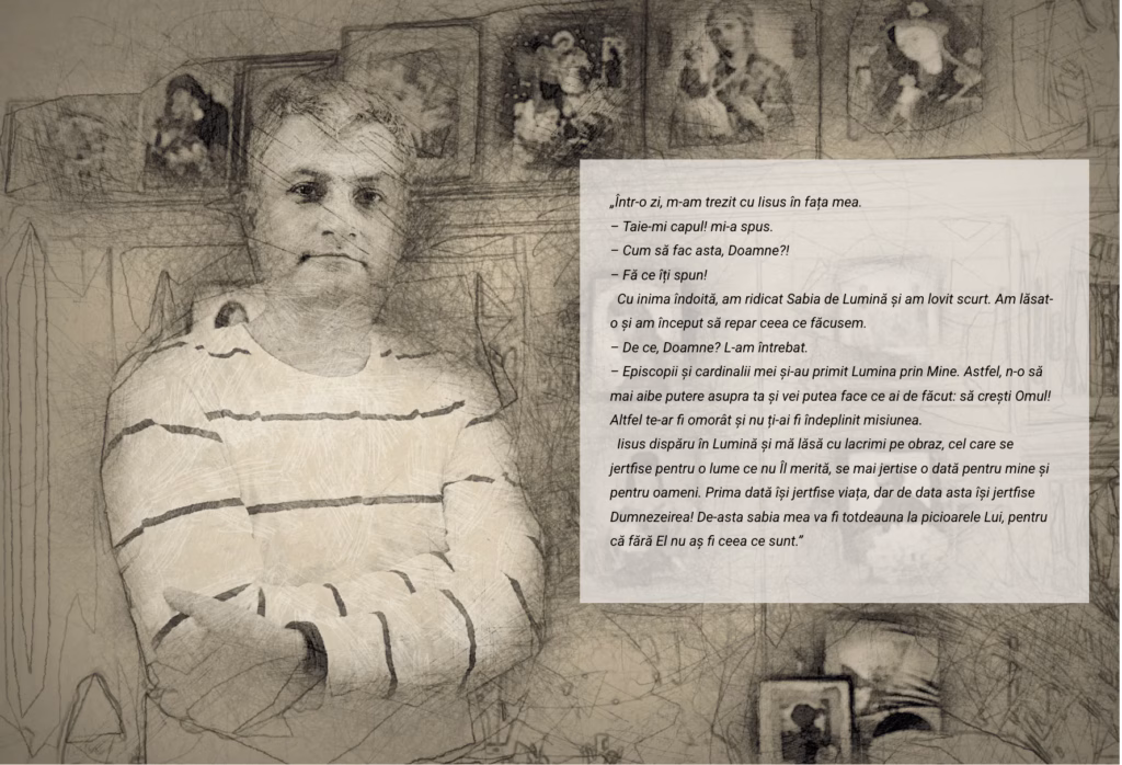 Ilustrație stil schiță în creion cu Ovidiu Dragoș Argeșanu, peste care este suprapus un citat atribuit lui, în care descrie o experiență mistică cu Iisus și o „misiune” de a „crește Omul”.