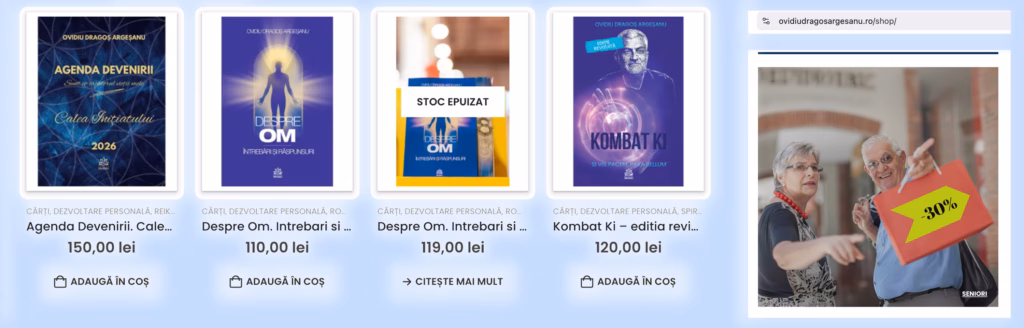 Captură de ecran de pe magazinul online al lui Dragoș Ovidiu Argeșanu, cu cărți despre spiritualitate și dezvoltare personală, alături de o reclamă promoțională dedicată seniorilor, cu reducere de 30%.