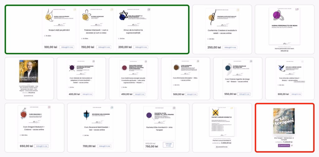Capturi de ecran de pe site-ul lui Dragoș Ovidiu Argeșanu, care afișează cursuri și conferințe online cu prețuri între 100 și 5.449 de lei. 