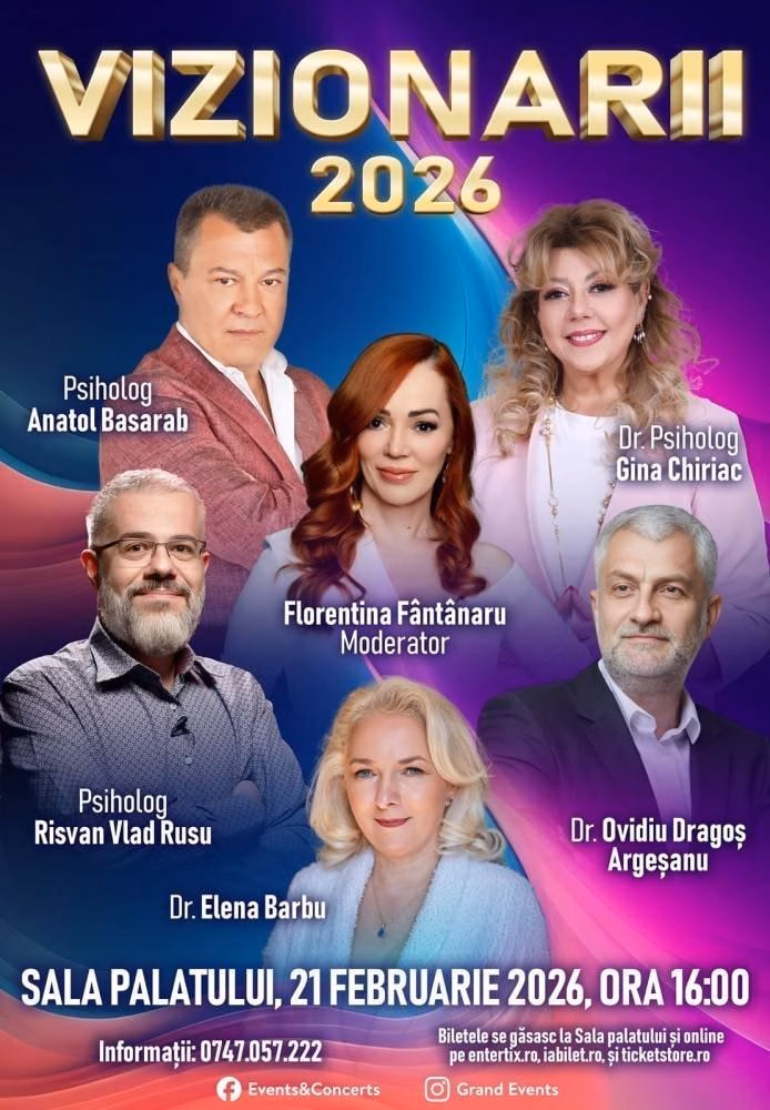 Afiș promoțional „Vizionarii 2026”, cu mai mulți invitați prezentați, inclusiv Ovidiu Dragoș Argeșanu, și detalii despre evenimentul de la Sala Palatului din 21 februarie 2026.