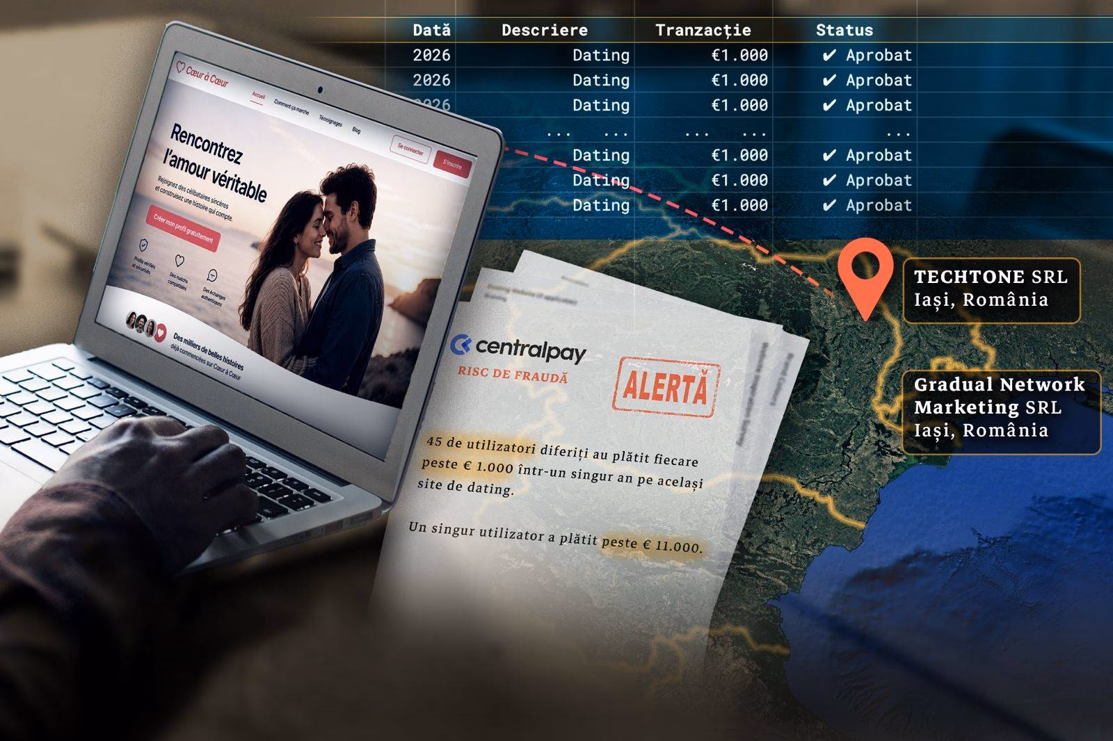 Rețeaua românească și milioanele din site-uri de „dating”.  Cum au ajuns firme din Iași în centrul unor alerte de fraudă și spălare de bani în Franța